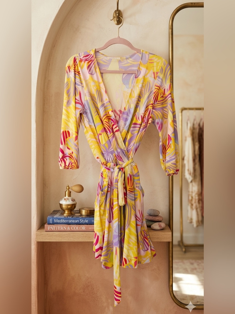 New York & Company Floral Wrap Dress in Yellow, Lavender & Pink